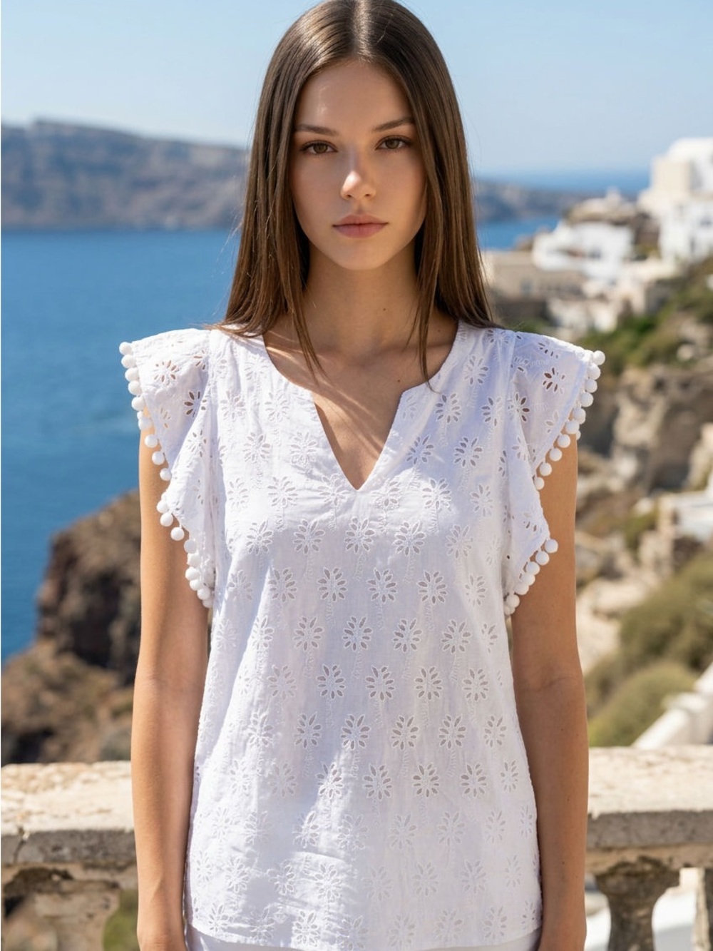 Lilly Pulitzer White Eyelet V-Neck Pom-Pom Flutter Sleeve Top